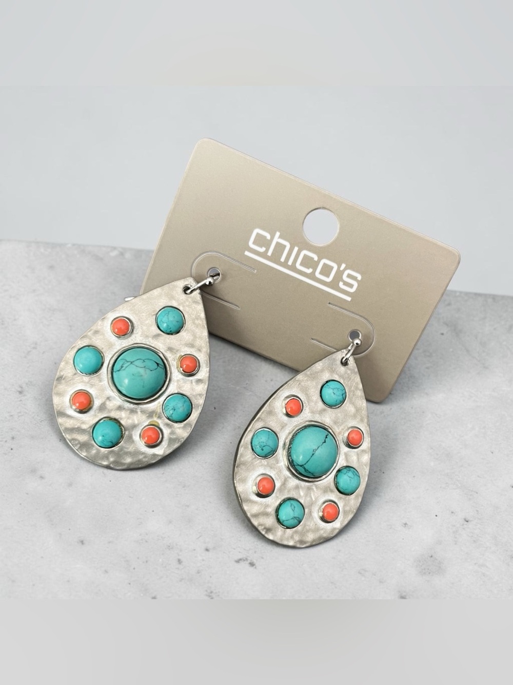 Chico's Silver Teardrop Earrings with Turquoise and Coral Accents